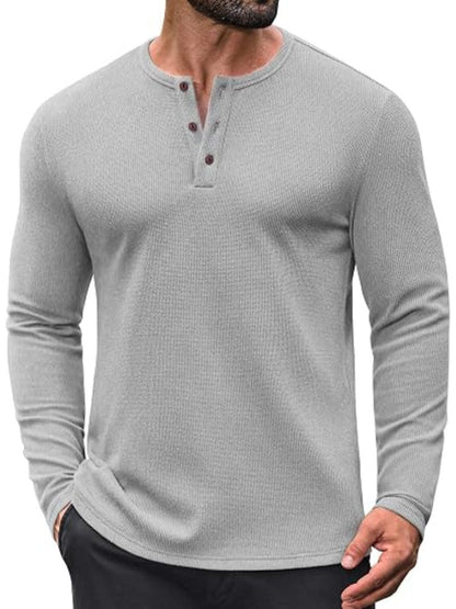 Waffle Knit Henley Long Sleeve Casual Pullover Shirt (US Only)