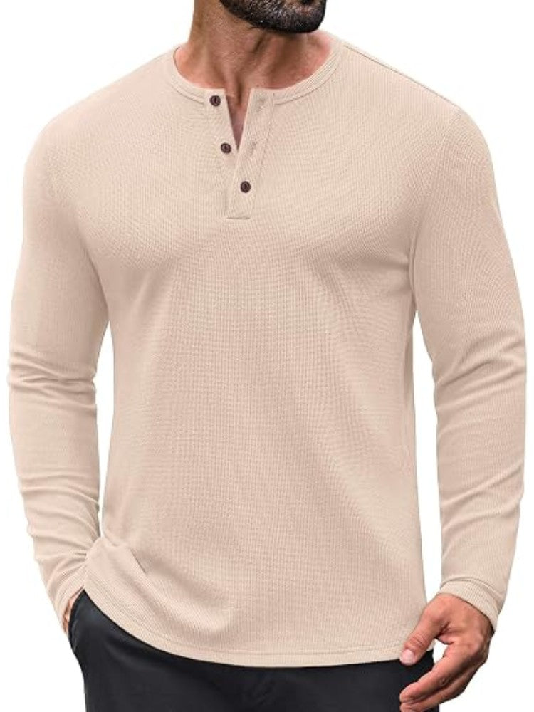 Waffle Knit Henley Long Sleeve Casual Pullover Shirt (US Only)