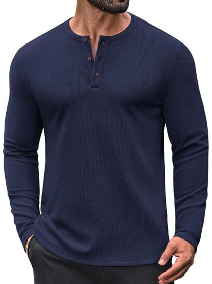 Waffle Knit Henley Long Sleeve Casual Pullover Shirt (US Only)