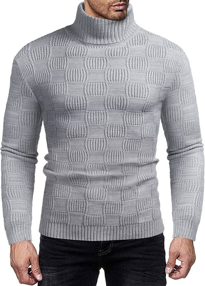 Men's Knitted Turtleneck Sweater Plaid Hightneck Long Sleeve Sweater (US Only)