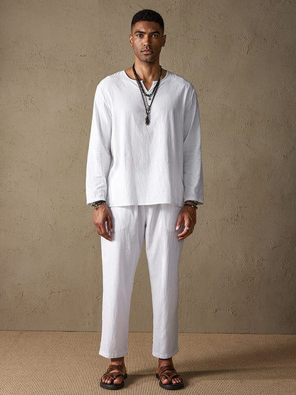 Cozy Solid Cotton and Linen Shirt Set