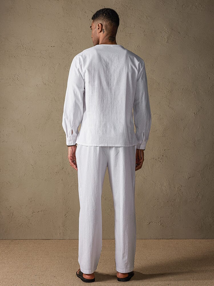 Solid Color Long Sleeve Casual Cotton Linen Set