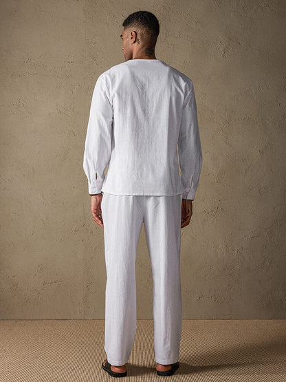 Solid Color Long Sleeve Casual Cotton Linen Set