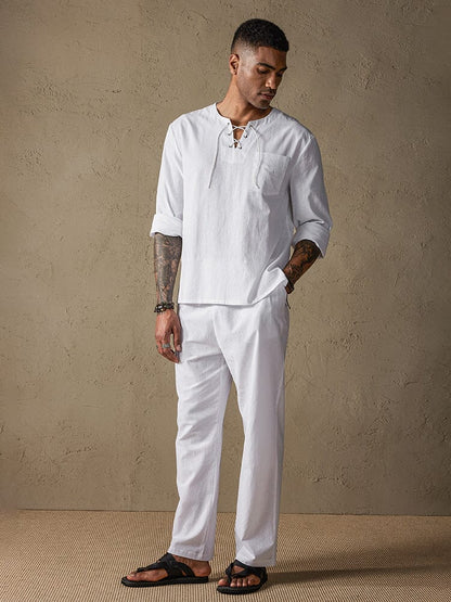 Solid Color Long Sleeve Casual Cotton Linen Set