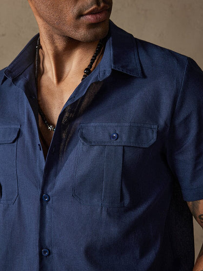Cotton Linen Solid Color Double Pockets Shirt