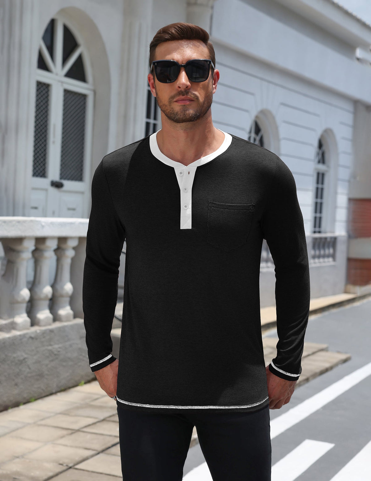 Long Sleeve Contrast Henley Shirt with Pocket (US Only)