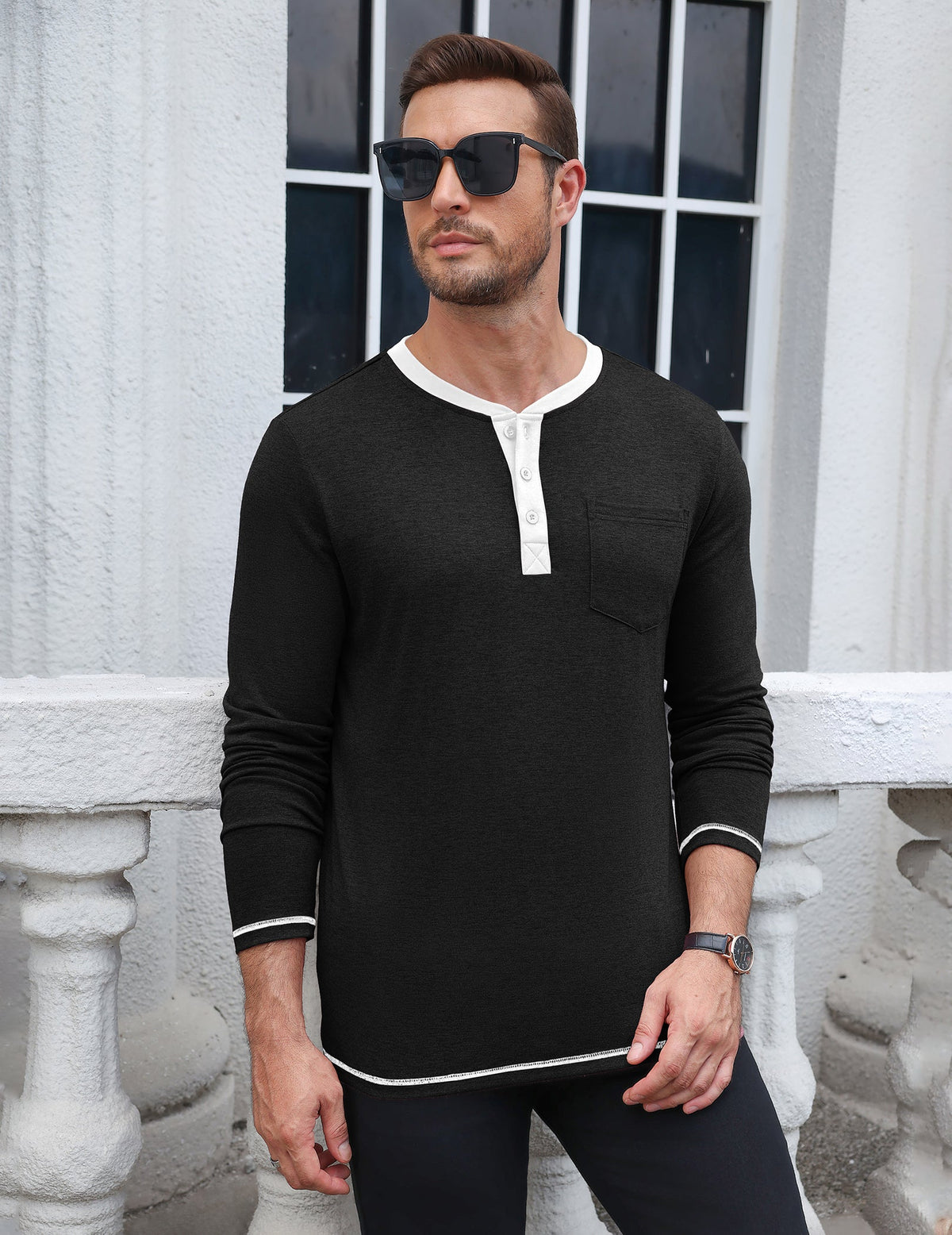 Long Sleeve Contrast Henley Shirt with Pocket (US Only)