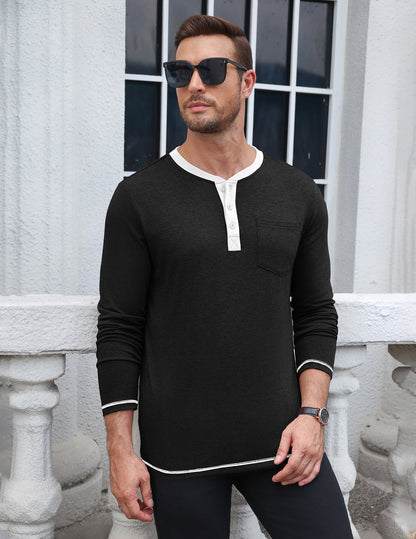 Long Sleeve Contrast Henley Shirt with Pocket (US Only)