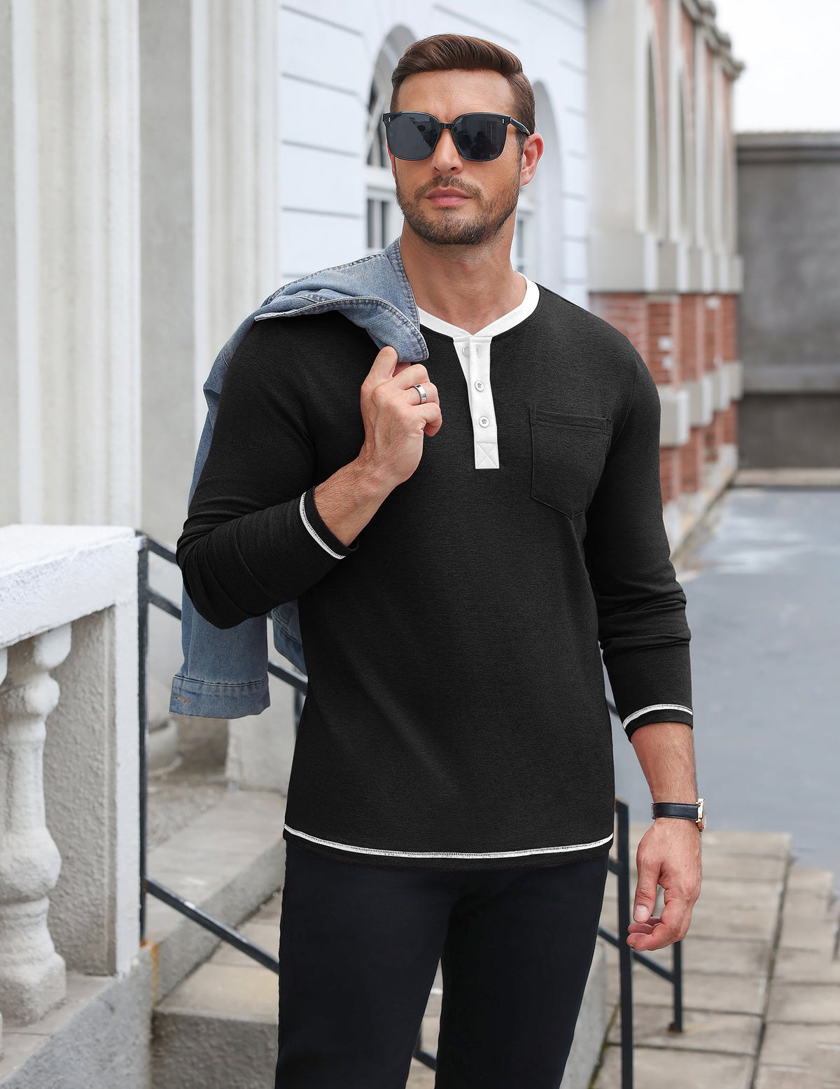 Long Sleeve Contrast Henley Shirt with Pocket (US Only)