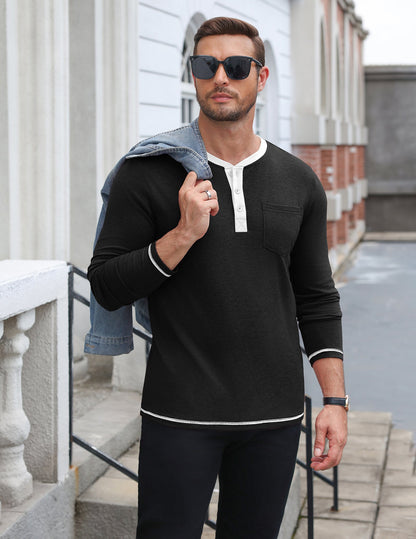 Long Sleeve Contrast Henley Shirt with Pocket (US Only)