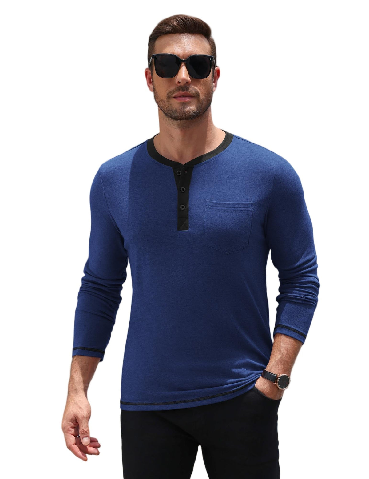 Long Sleeve Contrast Henley Shirt with Pocket (US Only)