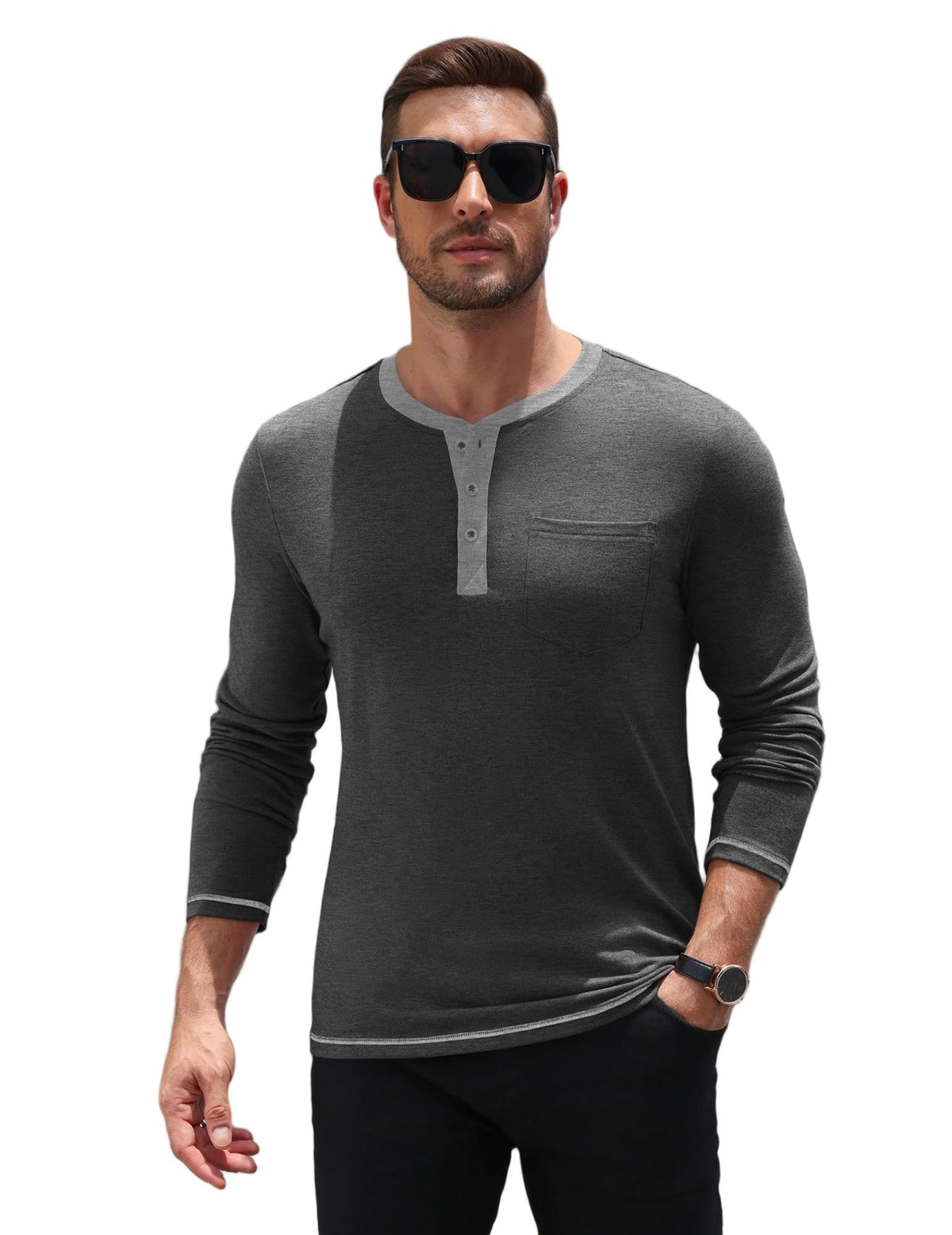 Long Sleeve Contrast Henley Shirt with Pocket (US Only)