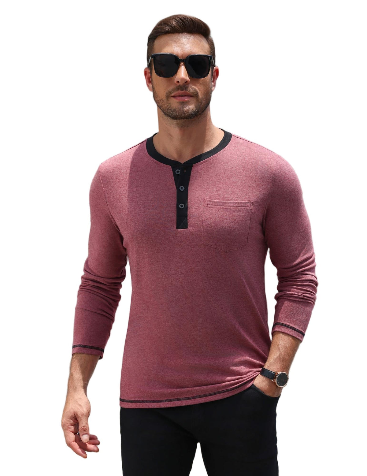 Long Sleeve Contrast Henley Shirt with Pocket (US Only)