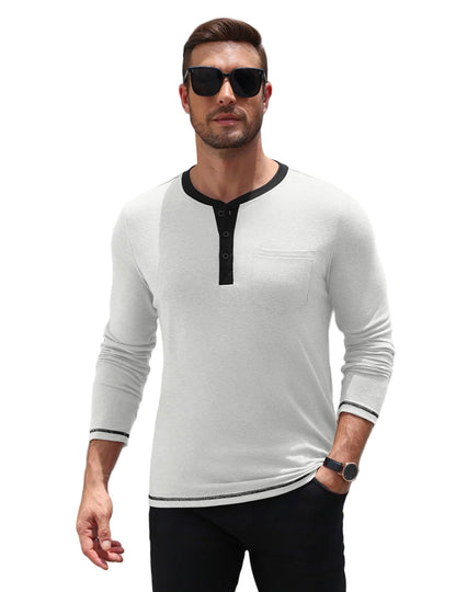 Long Sleeve Contrast Henley Shirt with Pocket (US Only)