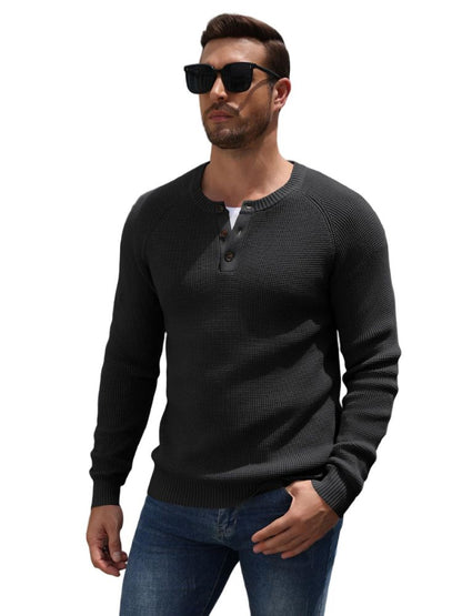 Raglan Sleeve Henley Waffle Knit Pullover Sweater (US Only)