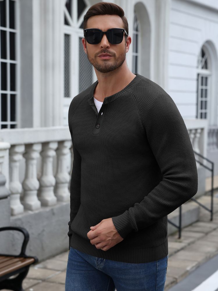 Raglan Sleeve Henley Waffle Knit Pullover Sweater (US Only)