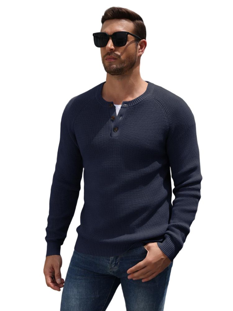 Raglan Sleeve Henley Waffle Knit Pullover Sweater (US Only)