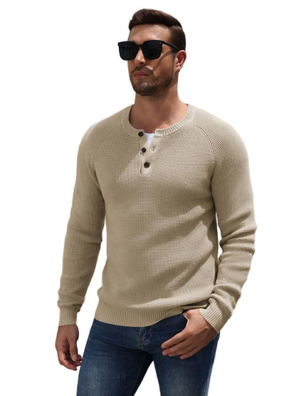 Raglan Sleeve Henley Waffle Knit Pullover Sweater (US Only)
