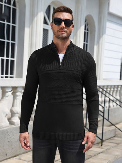 Quarter Zip Casual Knit Mock Neck Pullover Sweater (US Only)