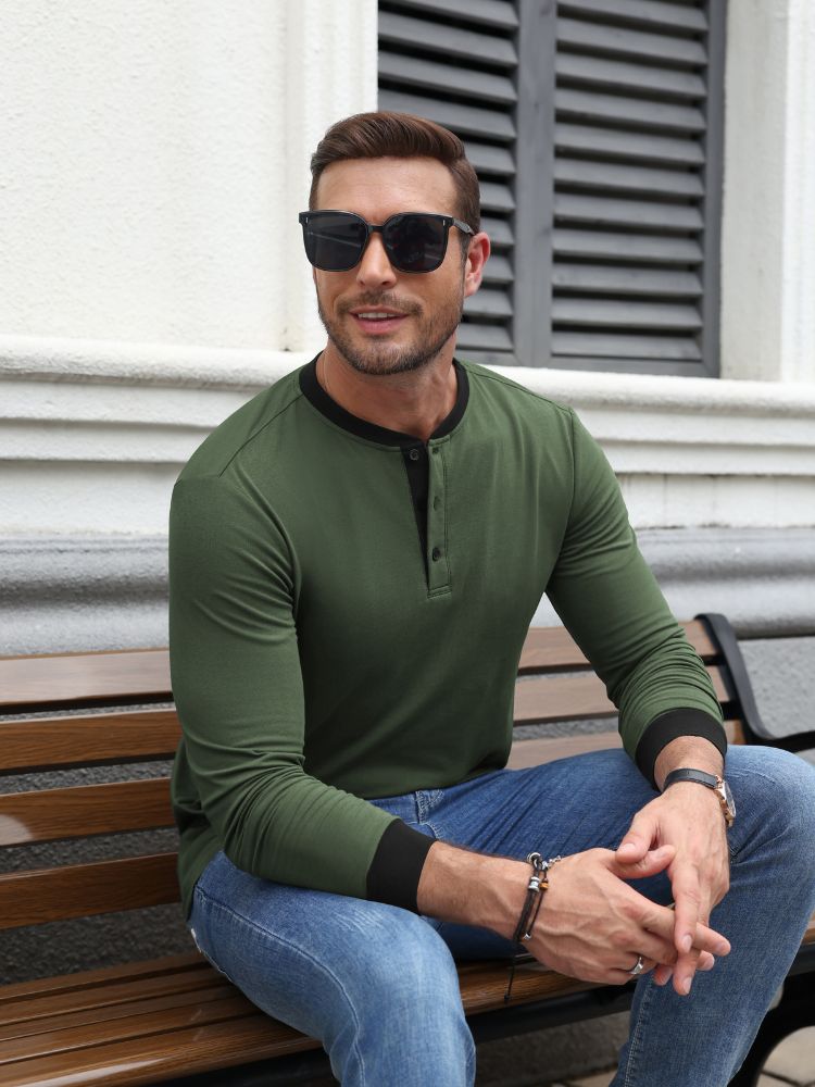 Casual Modern Contrast Henley Long Sleeve Shirt (US Only)