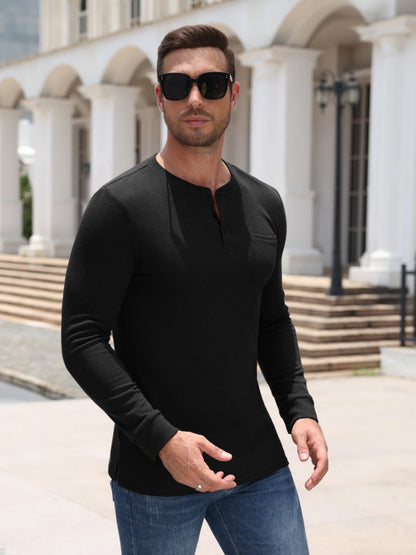 Waffle Knit Long Sleeve Henley Shirt with Pocket (US Only)