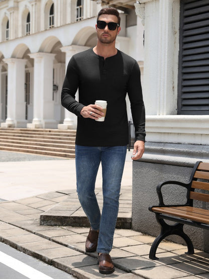 Waffle Knit Long Sleeve Henley Shirt with Pocket (US Only)