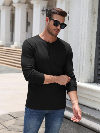 Waffle Knit Long Sleeve Henley Shirt with Pocket (US Only)