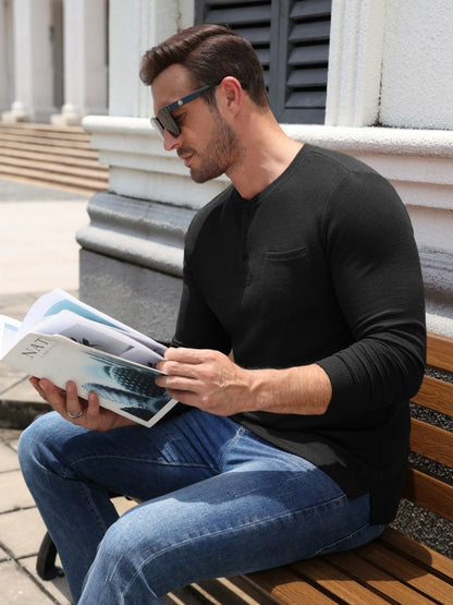 Waffle Knit Long Sleeve Henley Shirt with Pocket (US Only)