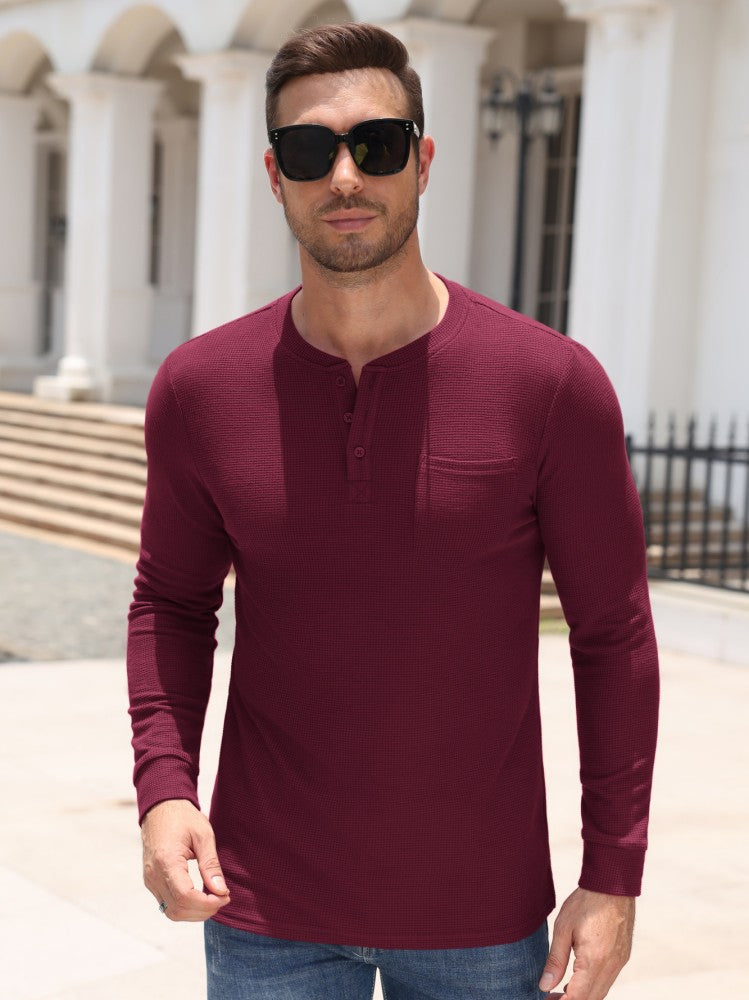 Waffle Knit Long Sleeve Henley Shirt with Pocket (US Only)