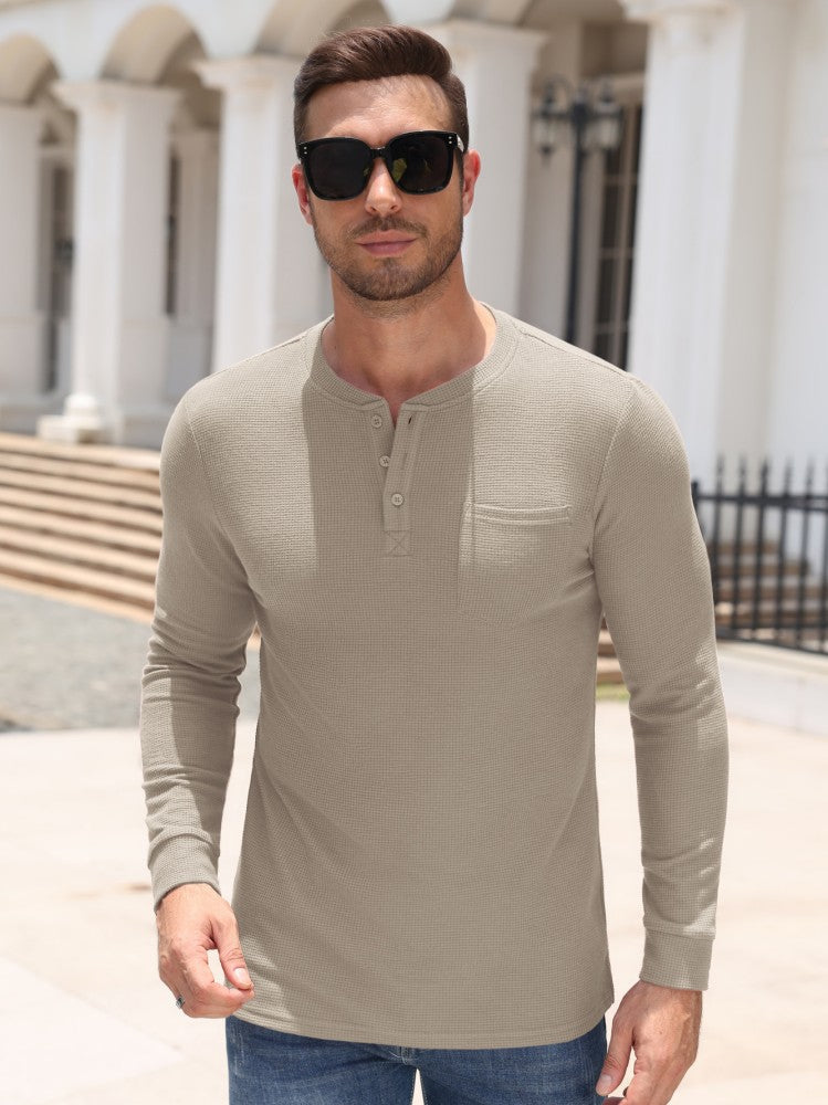 Waffle Knit Long Sleeve Henley Shirt with Pocket (US Only)