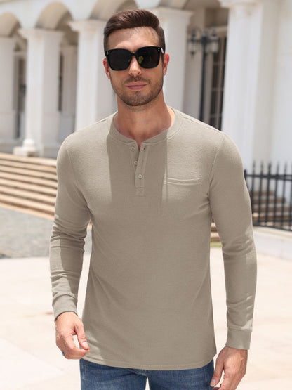 Waffle Knit Long Sleeve Henley Shirt with Pocket (US Only)