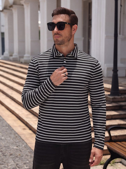 Striped Moisture Wicking Long Sleeve Rugby Polo Shirt (US Only)