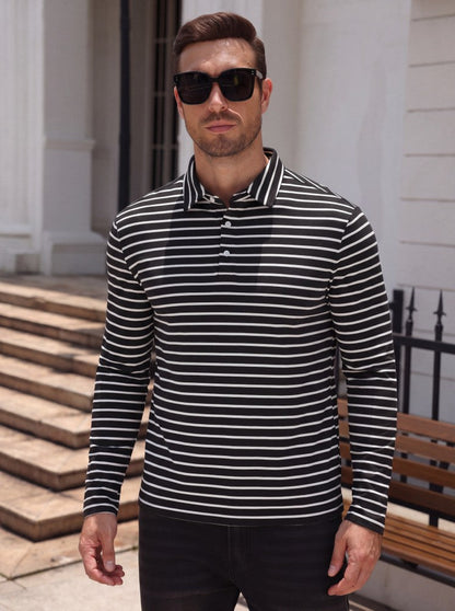 Striped Moisture Wicking Long Sleeve Rugby Polo Shirt (US Only)