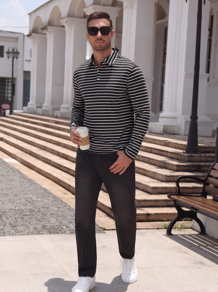 Striped Moisture Wicking Long Sleeve Rugby Polo Shirt (US Only)
