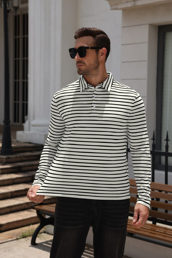 Striped Moisture Wicking Long Sleeve Rugby Polo Shirt (US Only)