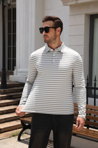 Striped Moisture Wicking Long Sleeve Rugby Polo Shirt (US Only)