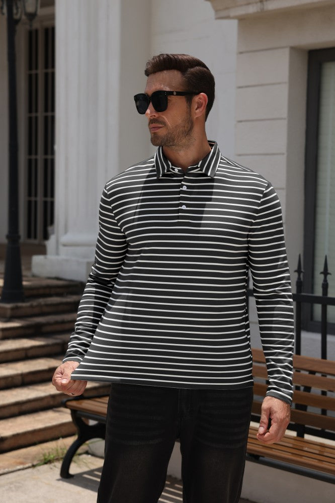 Striped Moisture Wicking Long Sleeve Rugby Polo Shirt (US Only)