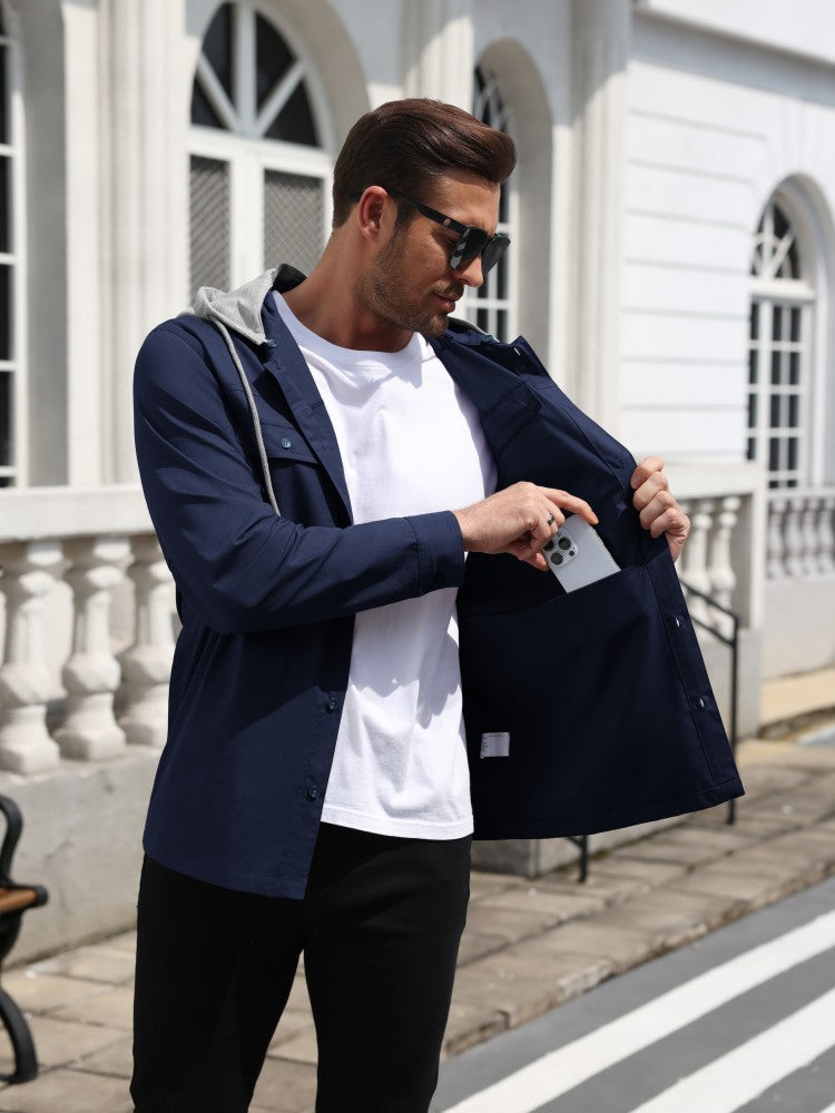 Detachable Hooded Cargo Shacket Button Down Jacket (US Only)