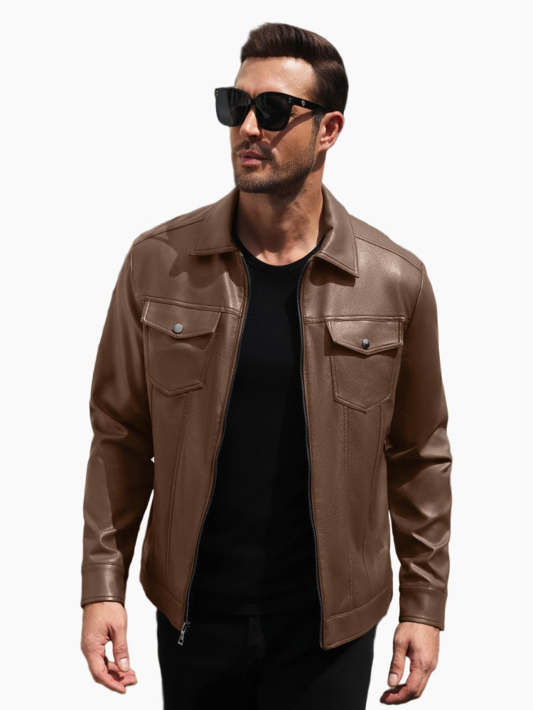 Lightweight Faux Leather Motorcycle Trucker Jacket (US Only)