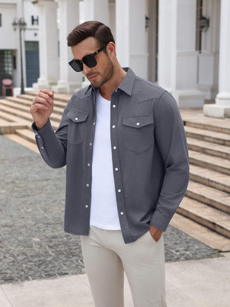 Western Pearl Snap Long Sleeve Shirt with Flap Pockets (US Only)