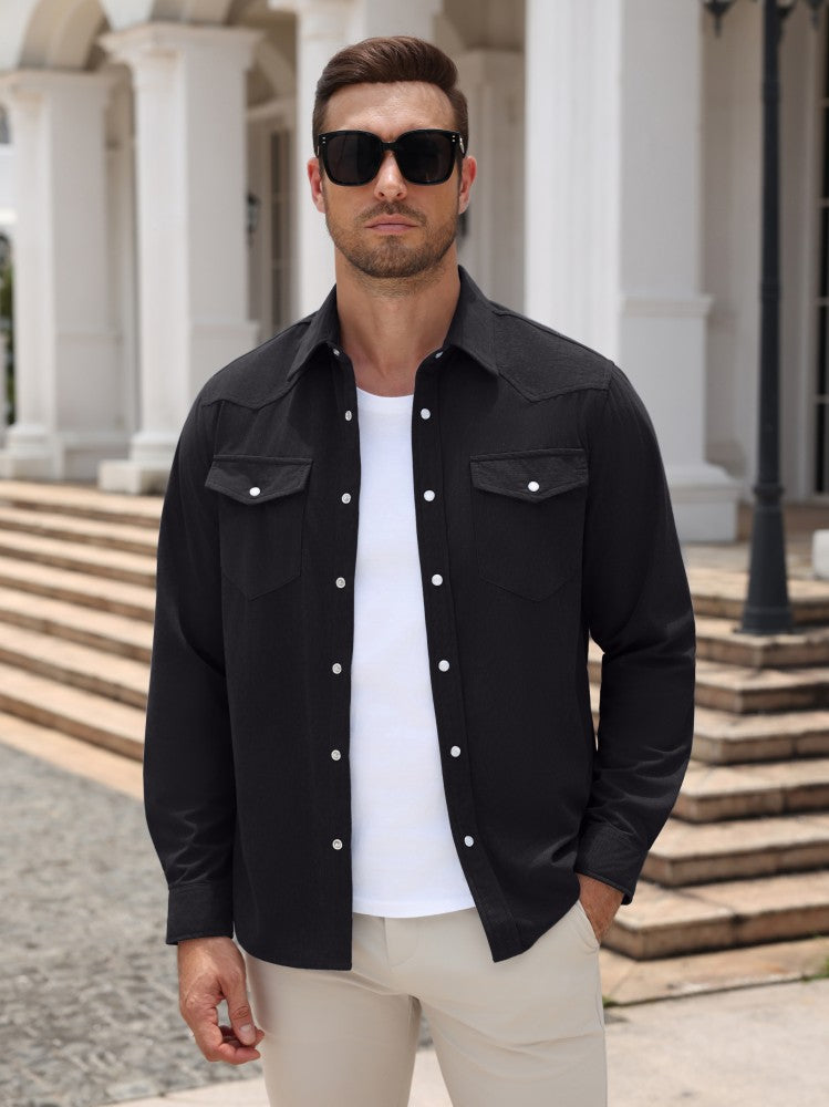 Western Pearl Snap Long Sleeve Shirt with Flap Pockets (US Only)