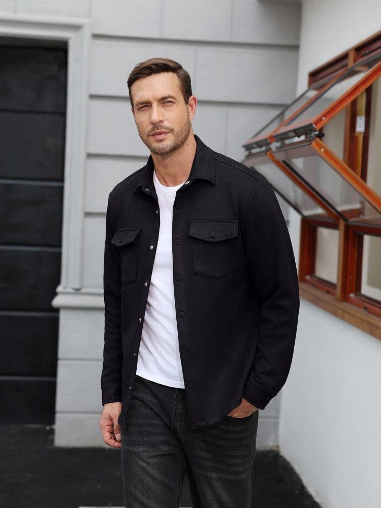 Faux Suede Button Down Shirt Jacket with Chest Pockets (US Only)