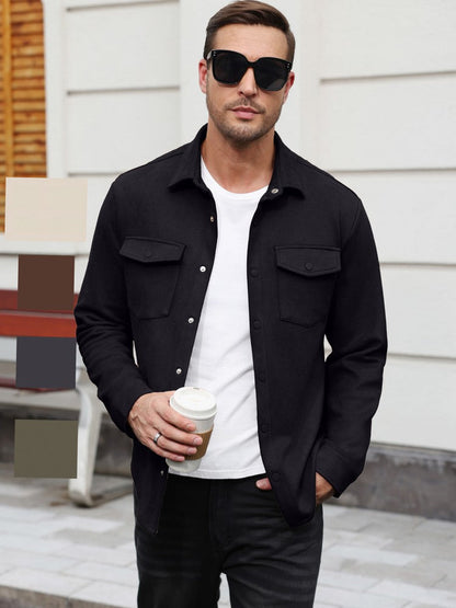 Faux Suede Button Down Shirt Jacket with Chest Pockets (US Only)