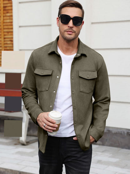 Faux Suede Button Down Shirt Jacket with Chest Pockets (US Only)