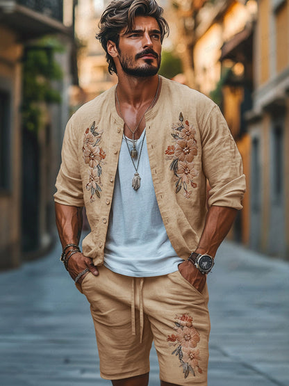 Casual Embroidered Cotton Shirt Set