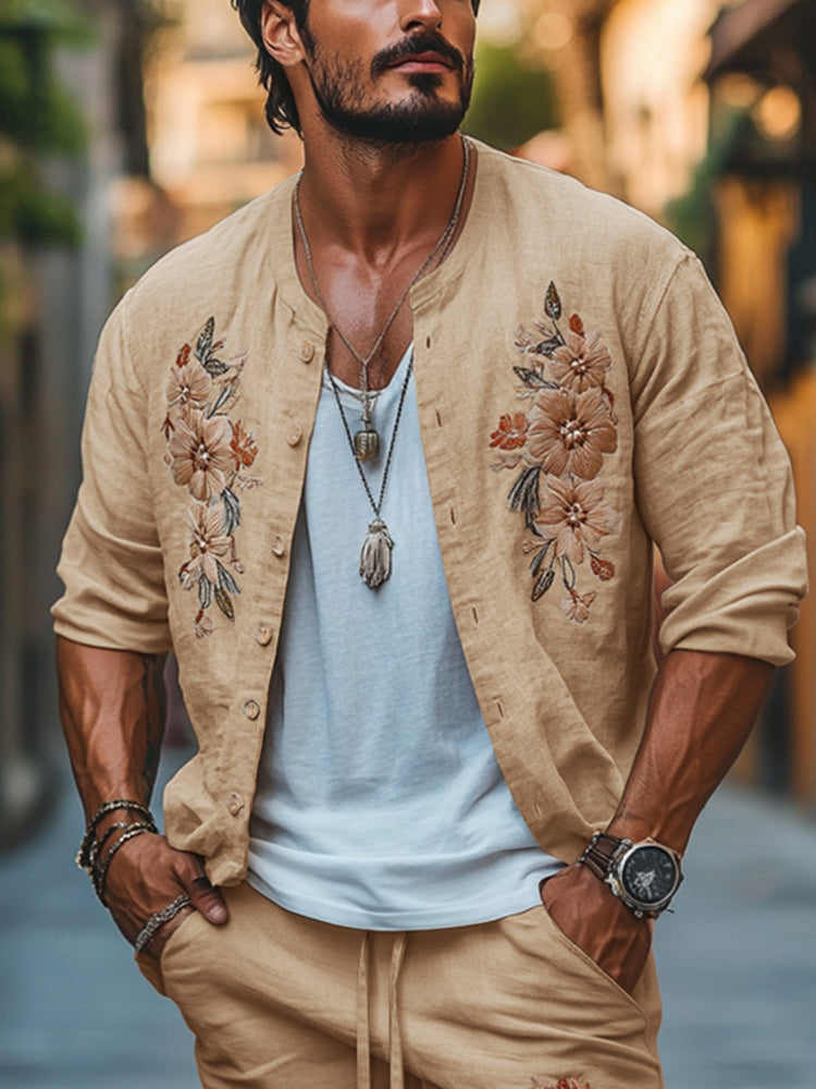 Casual Embroidered Cotton Shirt Set