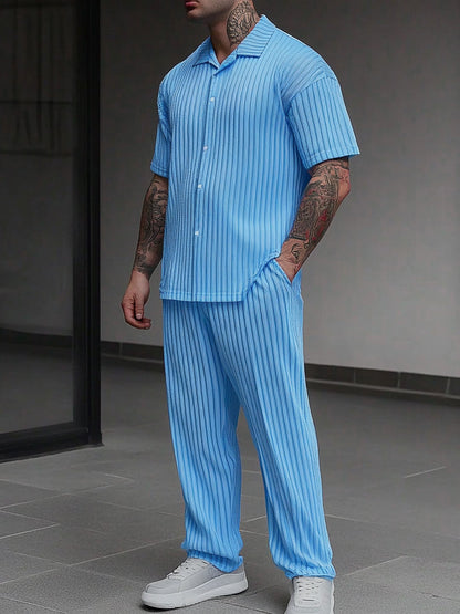 Casual Pit-stripe Textured Shirt Set
