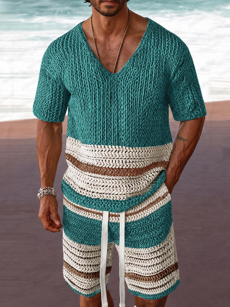 Casual Colorblock Stripe Crochet Knit Matching Set