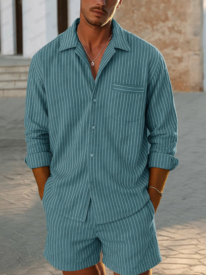 Loose Fit Stripe Cotton Shirt Shorts Set
