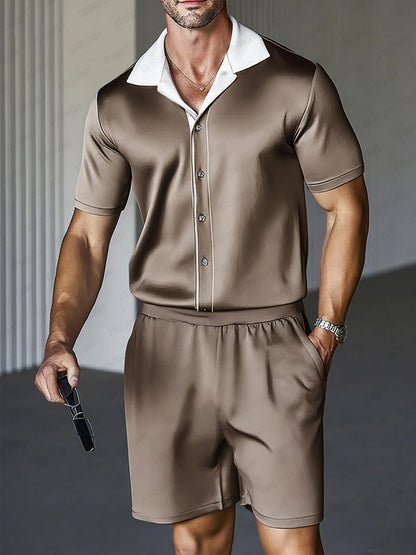 Casual Contrast Collar Satin Shirt Set